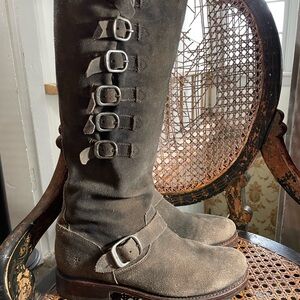 Frye Tan Leather Knee-High Boots with Buckle Detail